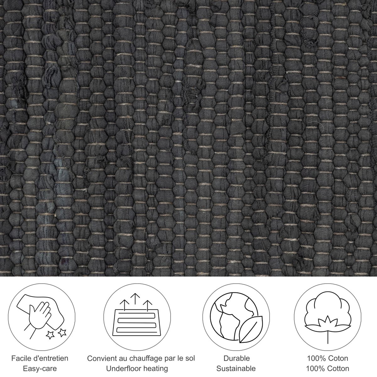 Tapis réversible coloré en coton tissé à la main - Happy Cotton anthracite, THEKO