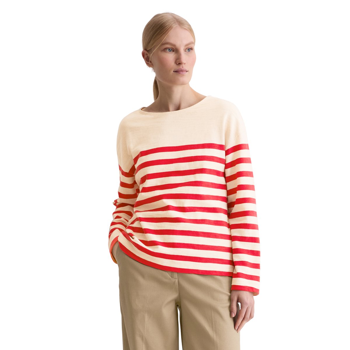 T-shirt long rayé relaxed en jersey heavy slub teint en fil rouge, MARC O'POLO