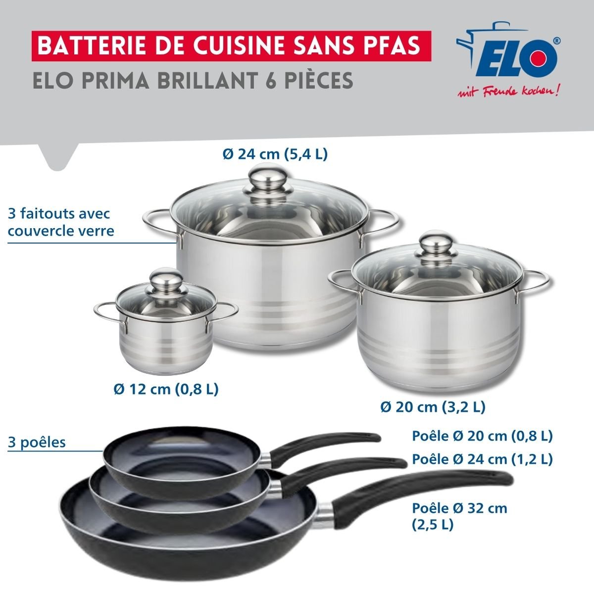 3 poêles 20/24/32cm + 3 faitouts 12/20/24cm PRIMA BRILLANT noir, ELO