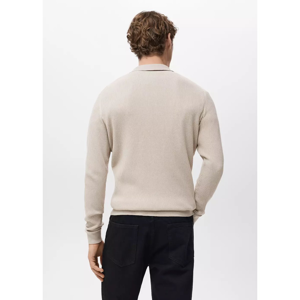 Pull-over polo coton mélangé maille côtelée beige, MANGO MAN