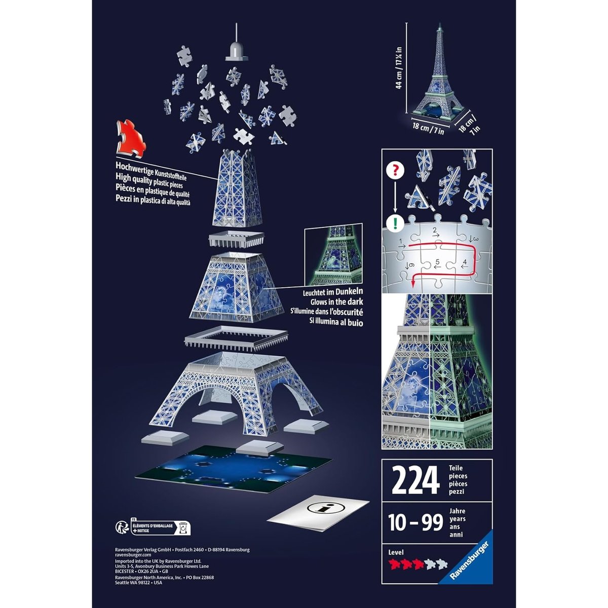 Puzzle 3D Building - Tour Eiffel phosphorescente multicolore, RAVENSBURGER