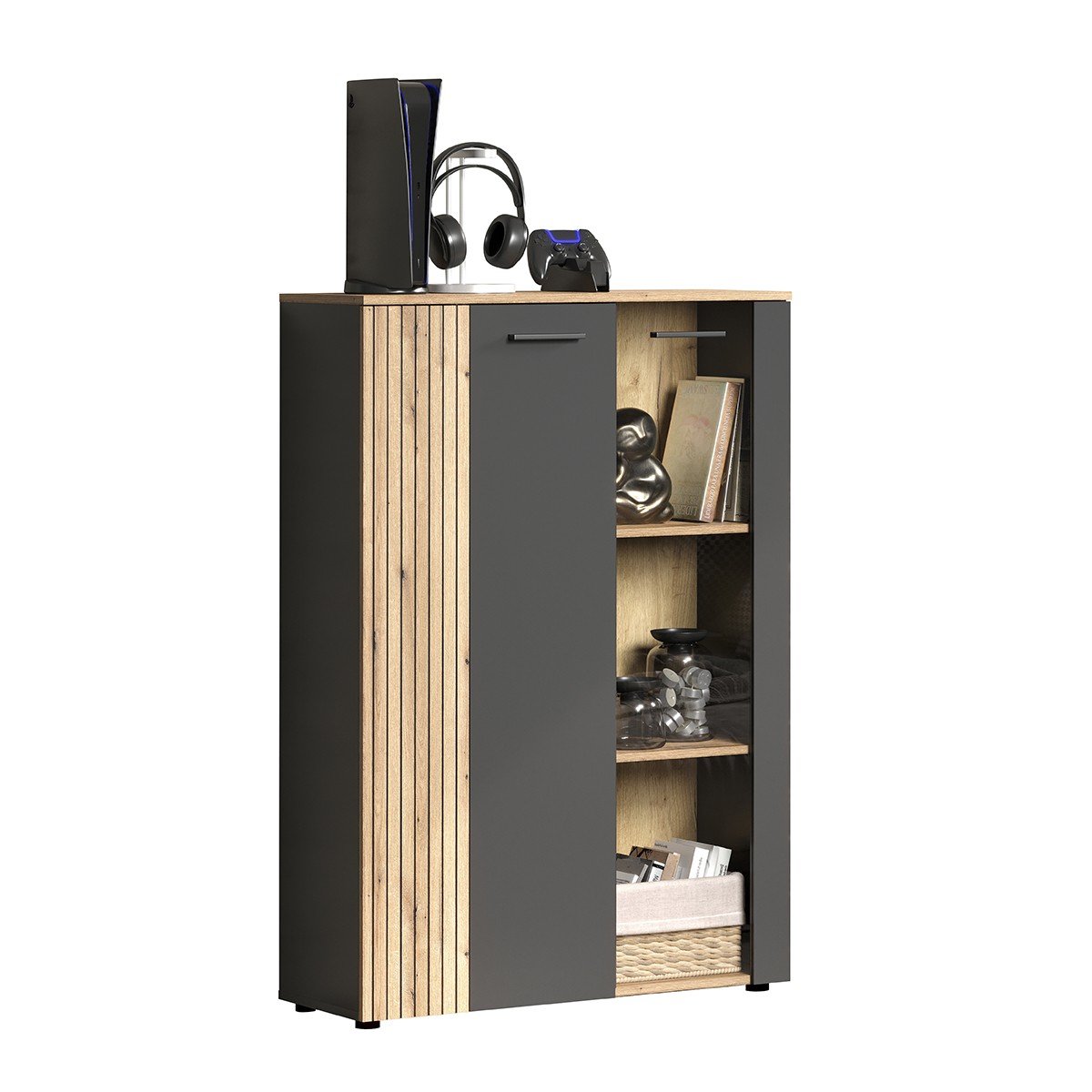 Rangement vitré 2 portes dont une avec verre trempé L90cm - Esteban gris anthracite, CALICOSY