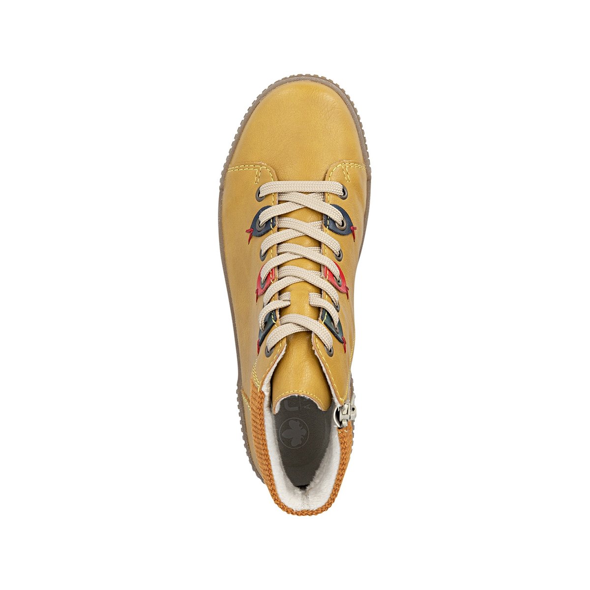 Bottines jaunes à talon plat pourvues de lacets et d'un zip latéral jaune, RIEKER