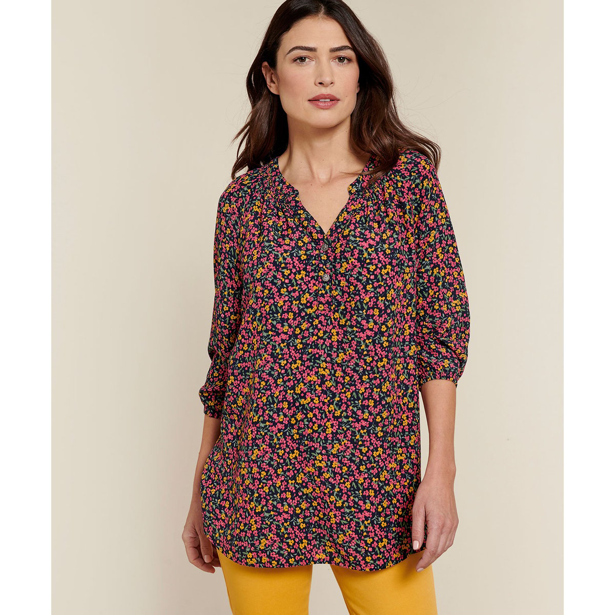 Blouse crêpe fleurie jaune coriandre imp., DAMART