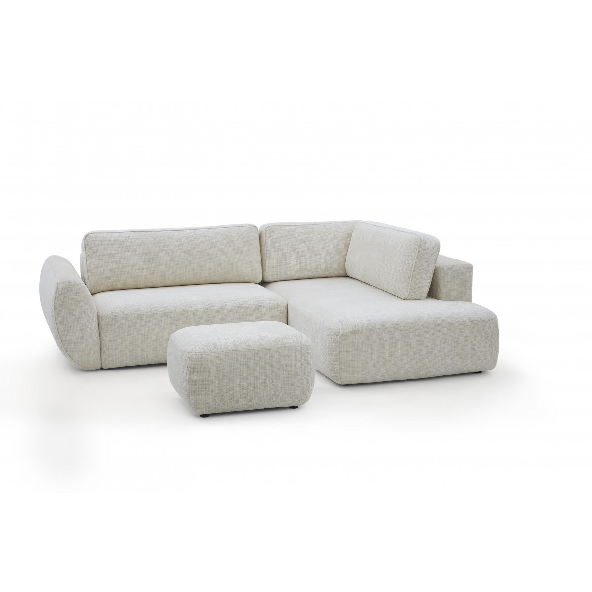Canapé d'angle convertible 4 places en tissu texturé avec pouf, DENISE blanc, BOBOCHIC