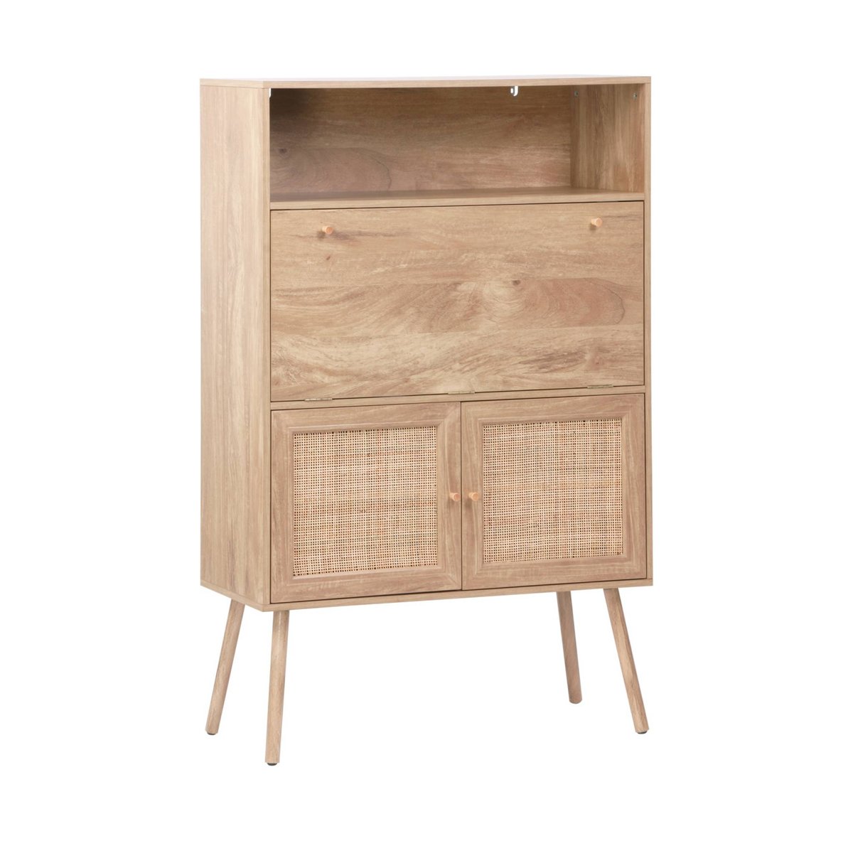 Bureau secrétaire décor bois et cannage 2 portes BOHÈME naturel, SWEEEK