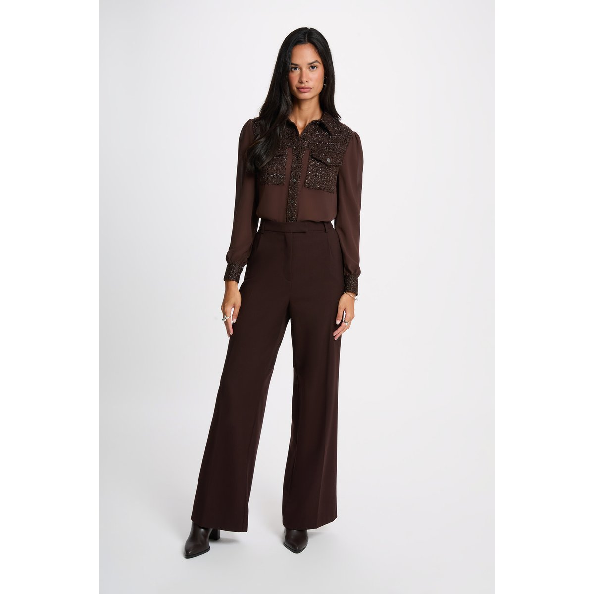 Chemise tweed col à revers marron foncé, MORGAN