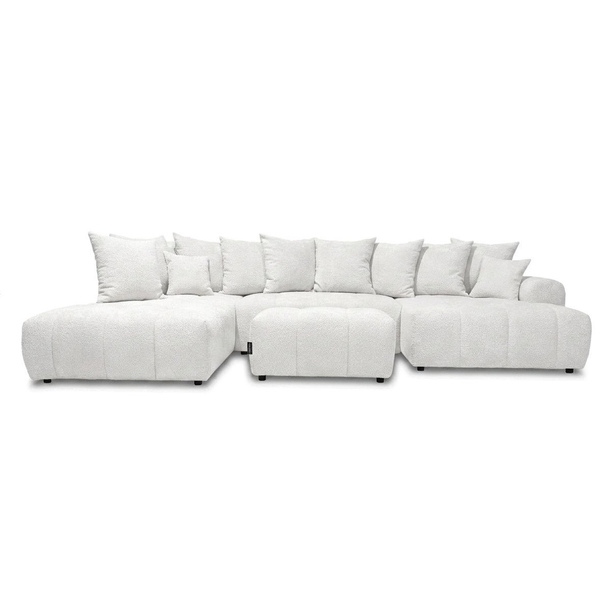 Canapé panoramique convertible 6 places en tissu bouclette avec pouf, ROXELANE blanc, BOBOCHIC