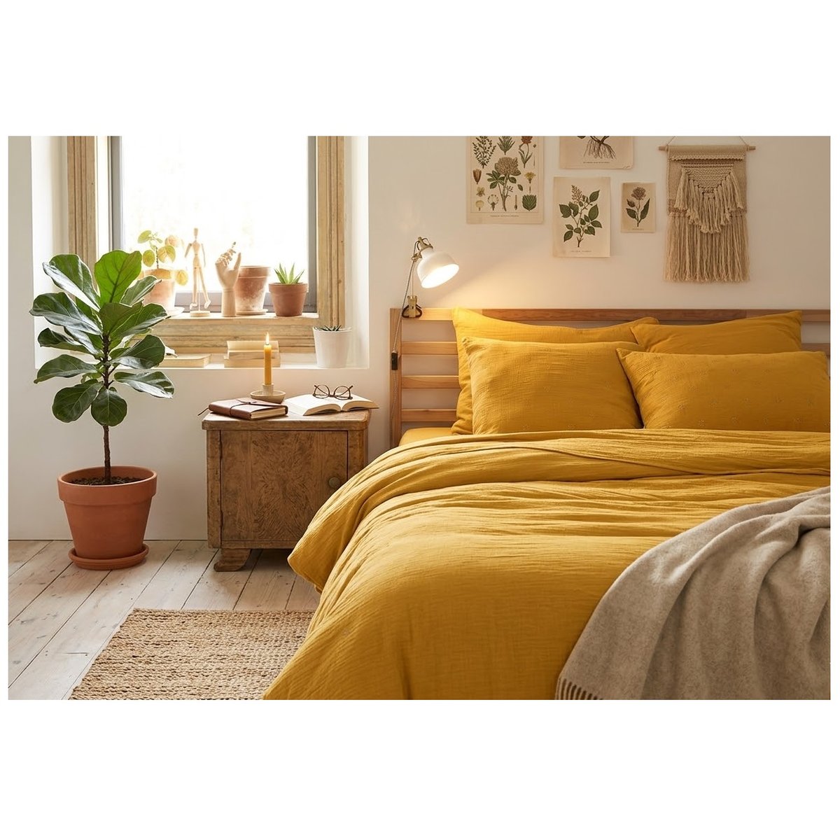 Taie d'oreiller Gaze de Coton Gaia Boho safran, EDEN