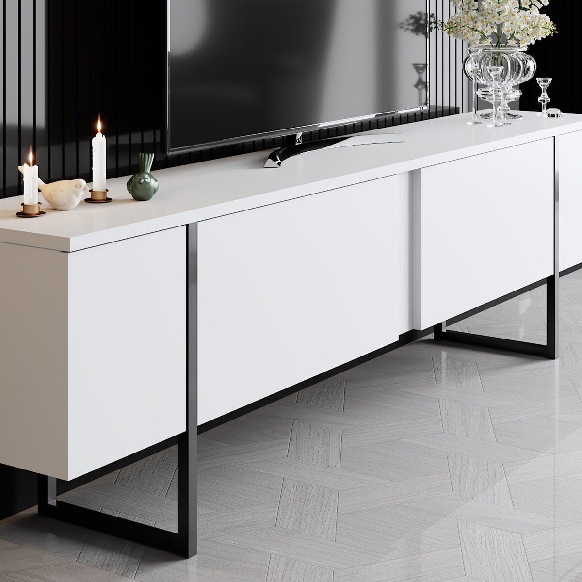 Meuble TV 2 portes rabattables L180 cm - LUXE blanc/ noir, CALICOSY