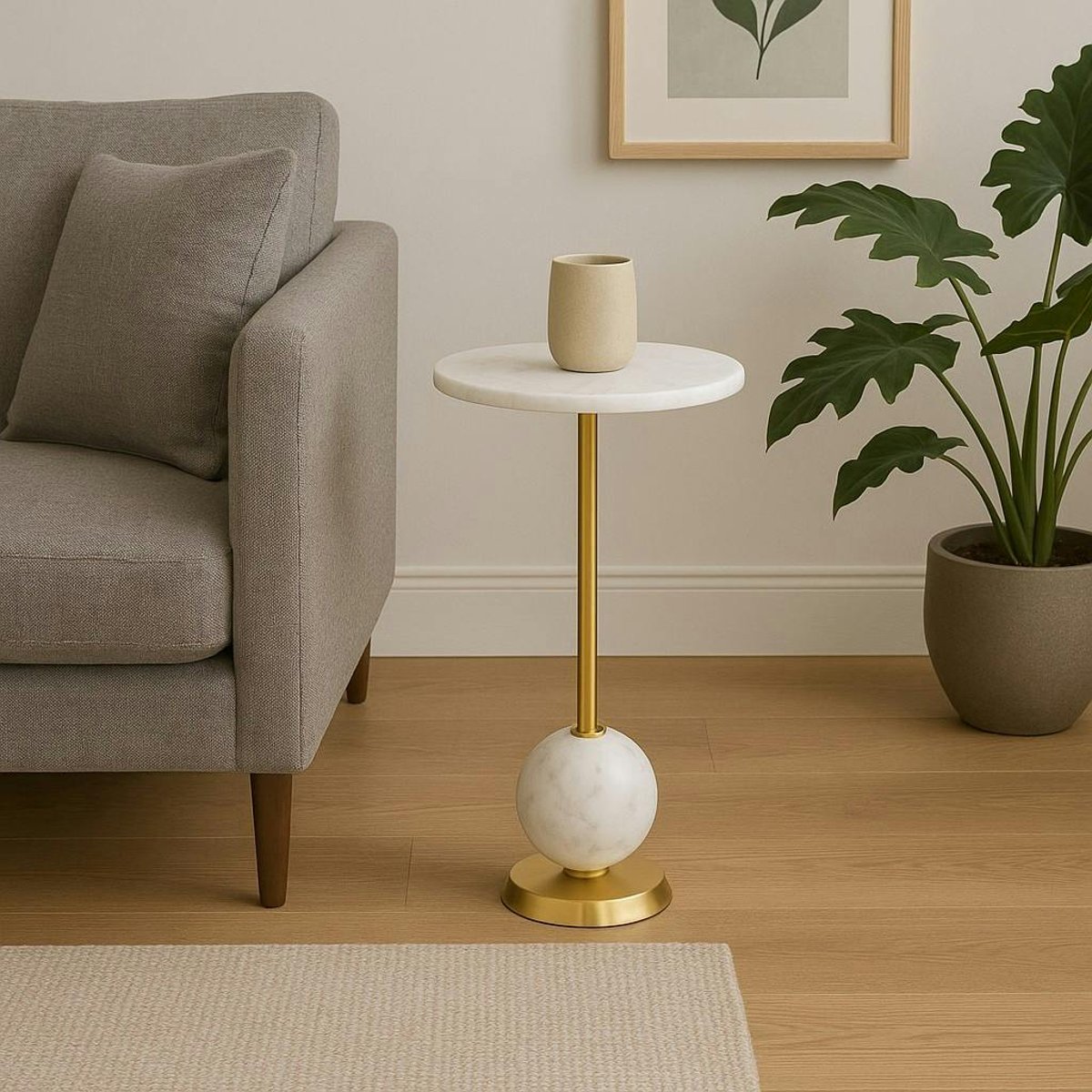 Bout de canapé design - plateau en marbre et base globe Ø25 cm TALLINN blanc, PIER IMPORT