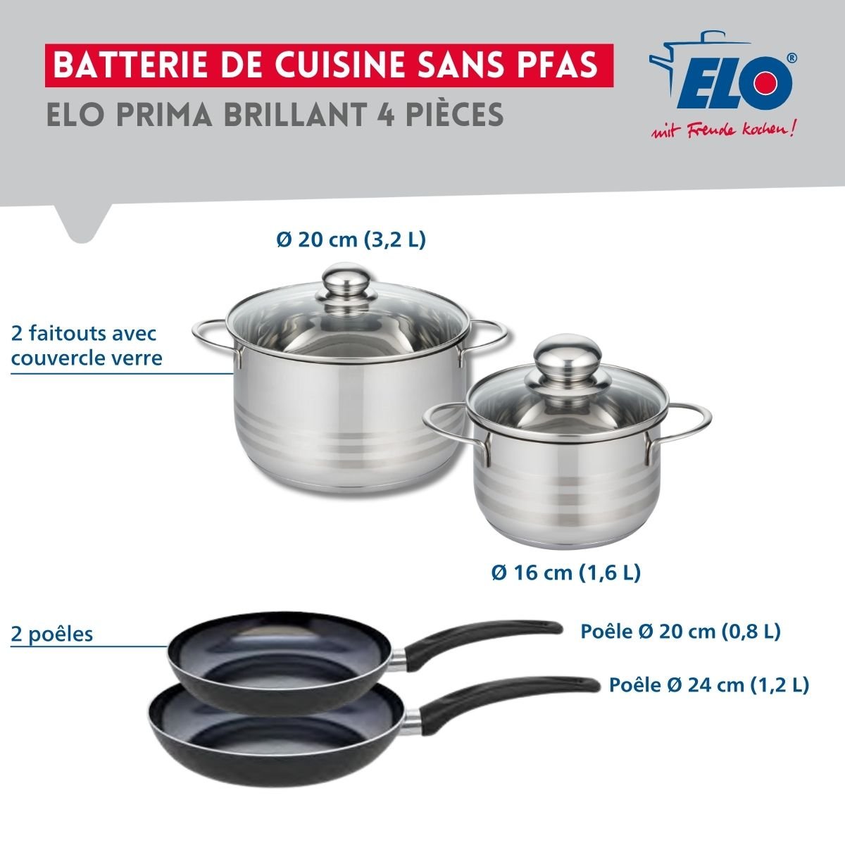 Batterie 2 poêles 20/24cm + 2 faitouts 16/20cm PRIMA BRILLANT noir, ELO