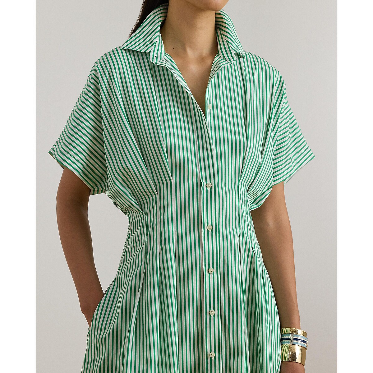 Vestido camisero midi de manga corta con estampado a rayas, RUSHANIA rayas verde/blanco, LAUREN RALPH LAUREN