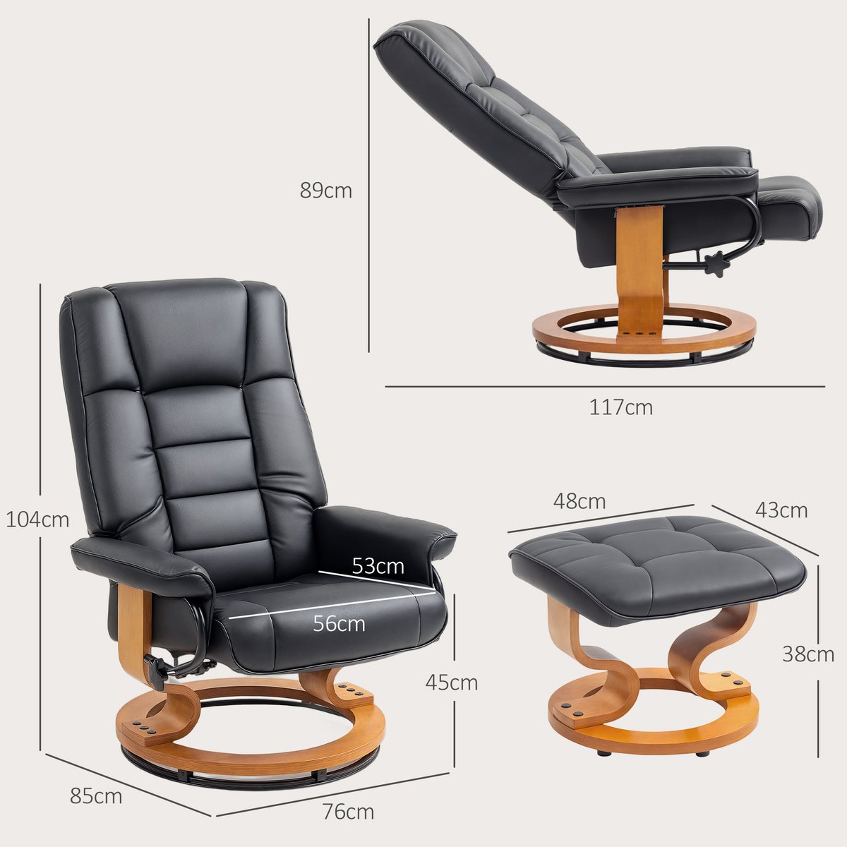 Fauteuil inclinable avec repose-pieds noir, effet bois naturel, HOMCOM