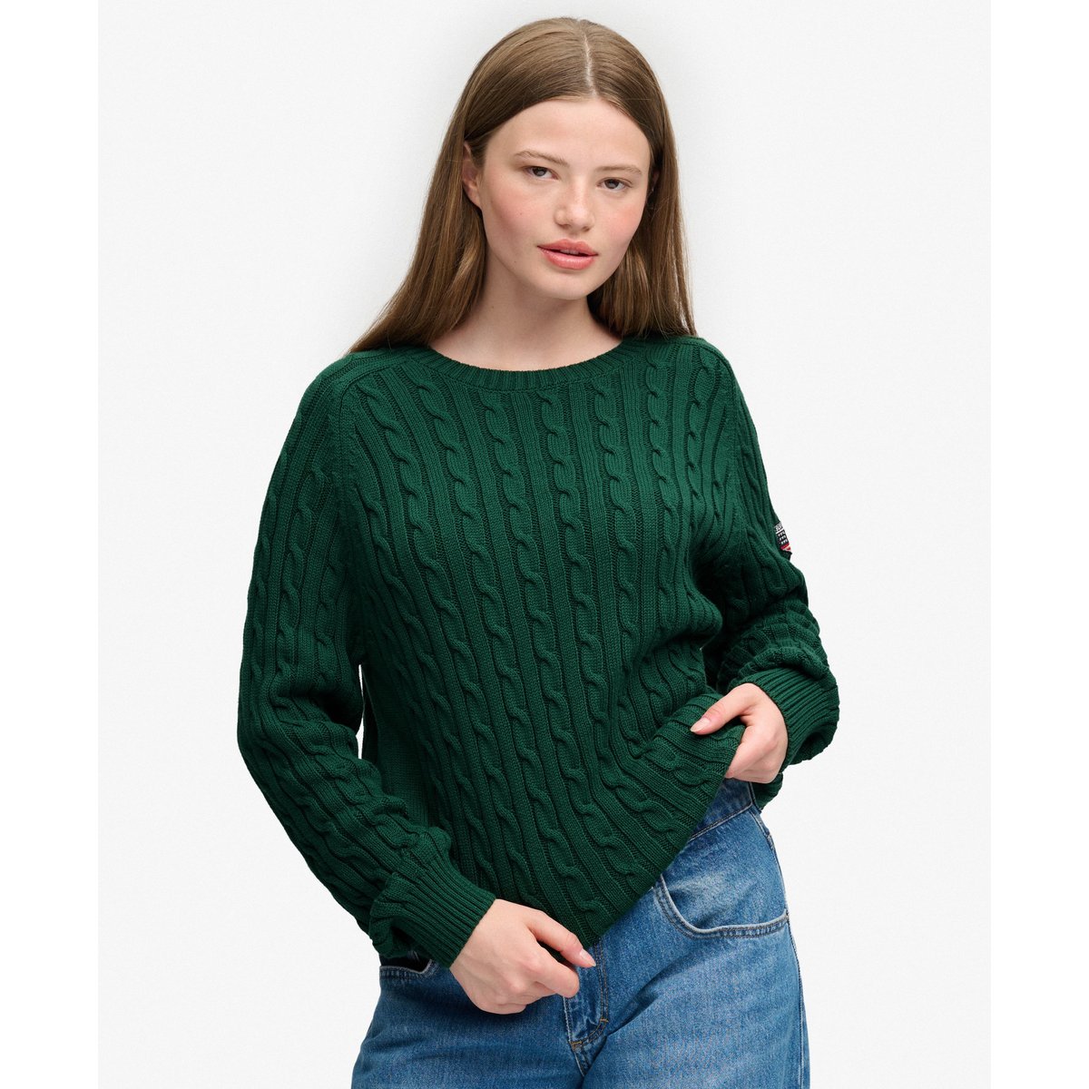 Pull en maille torsadée décontracté vert foncé, SUPERDRY