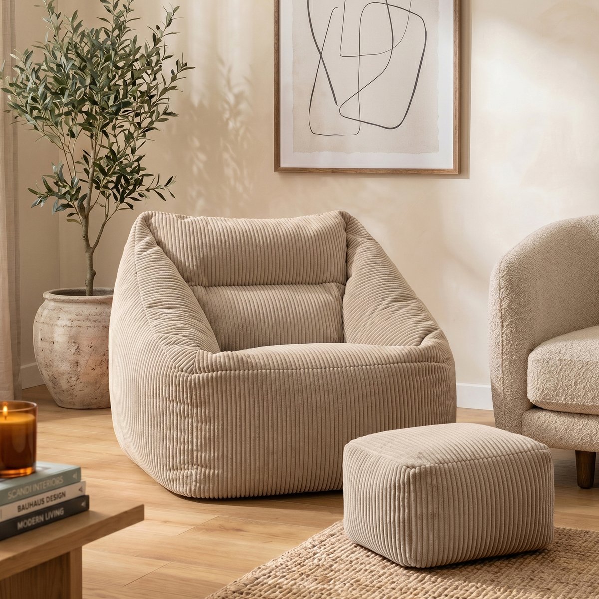 Pouf fauteuil salon et son repose-pied carré velours côtelé Oeko-Tex® - NATALIA beige galet, ICON