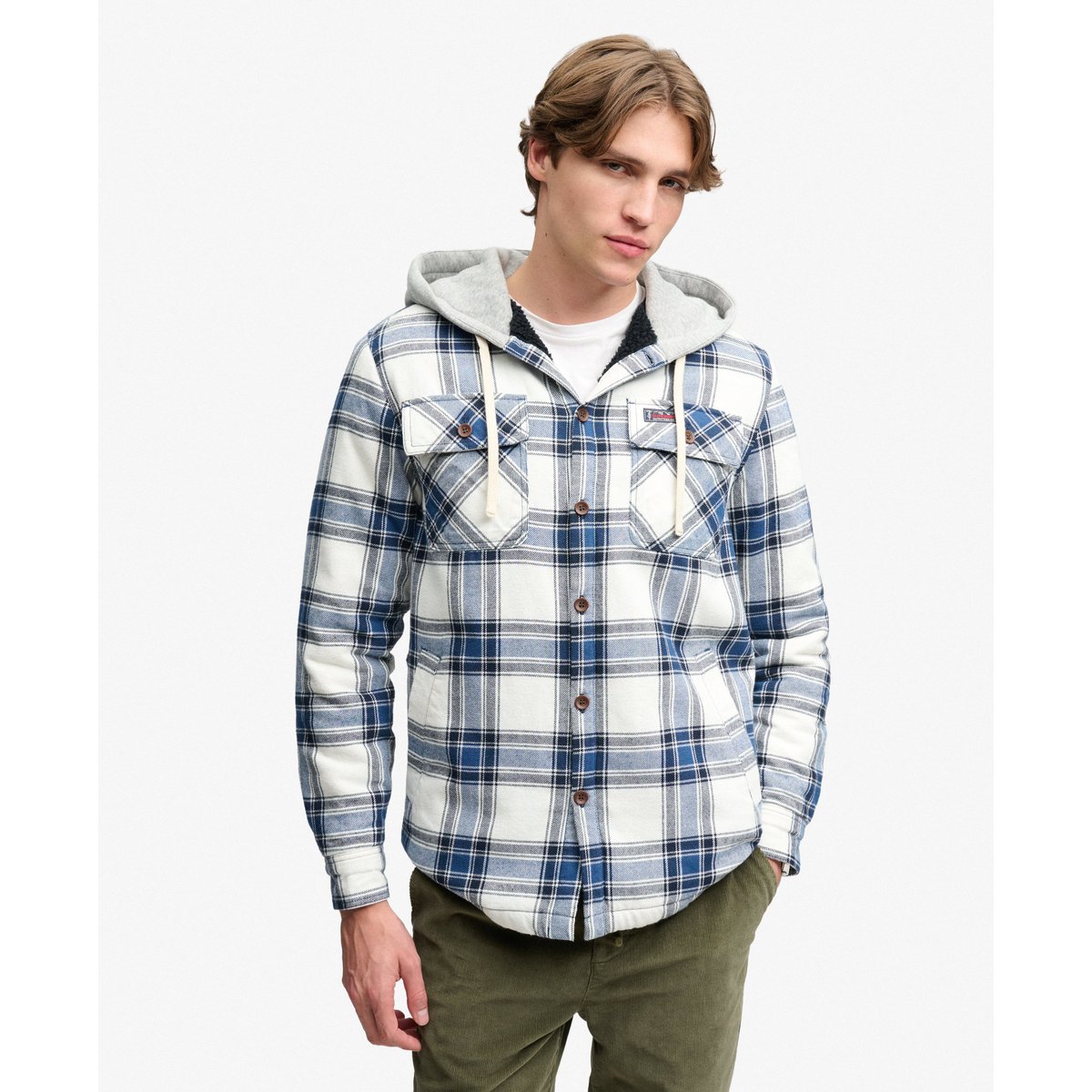 Surchemise à capuche doublée Borg carreaux worker blanc, SUPERDRY