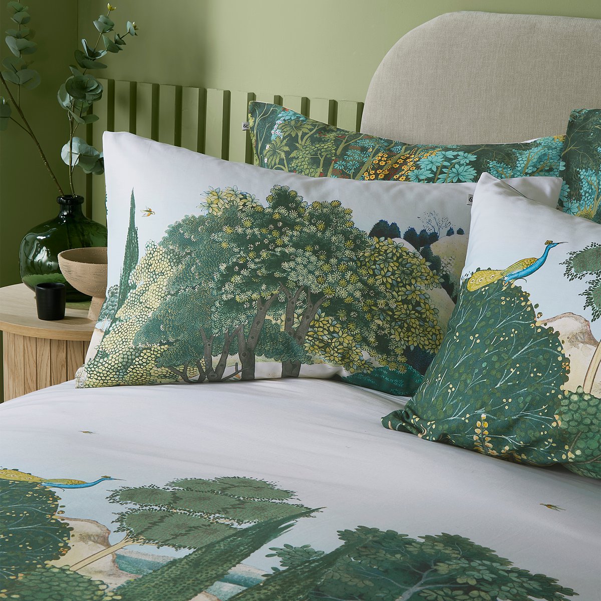 Parure de lit fleurie Buissons New Eden, housse de couette + 2 taies pour lit en 140 vert, corail, turquoise, GRAHAM ET BROWN