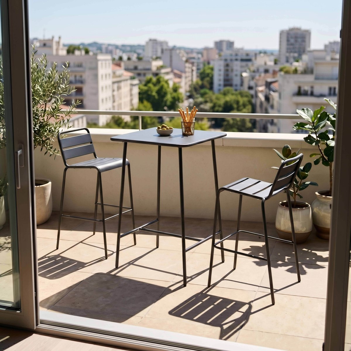 Salon de jardin table de bar et 2 chaises en acier, PALAVAS gris anthracite, OVIALA