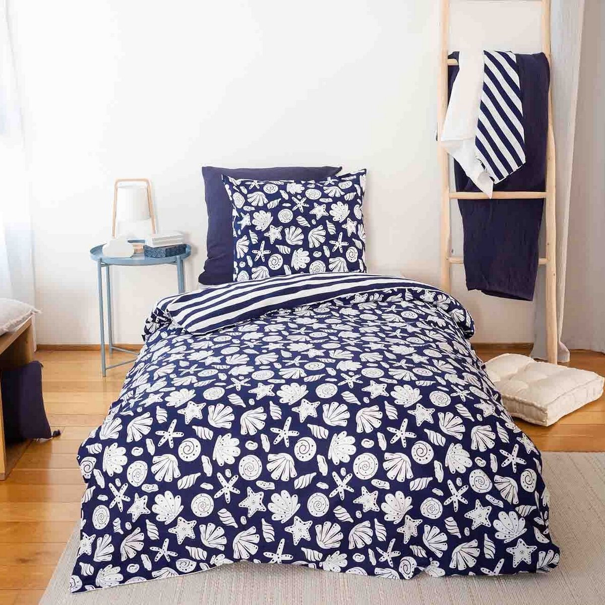 Parure de lit - housse de couette avec taies en coton bleu, EDEN