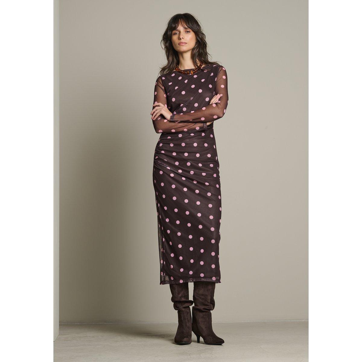 Robe longue en tulle à pois brun fonce chocolate, LOLALIZA