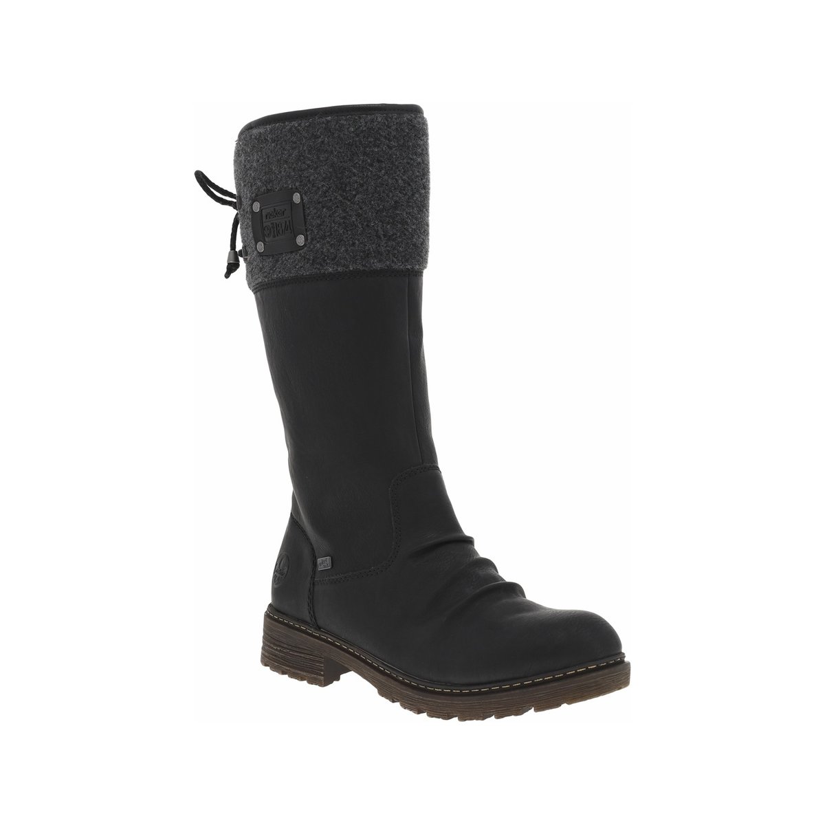 Bottes noires plates et à zip avec lacets arrière, fronces et col en feutre gris noires, RIEKER