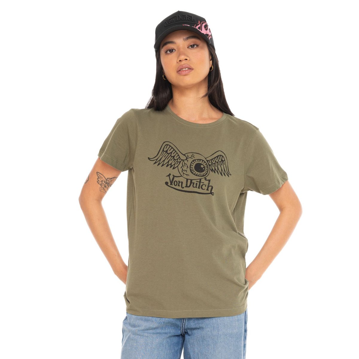 Tee shirt en coton Retro kaki/noir, VON DUTCH