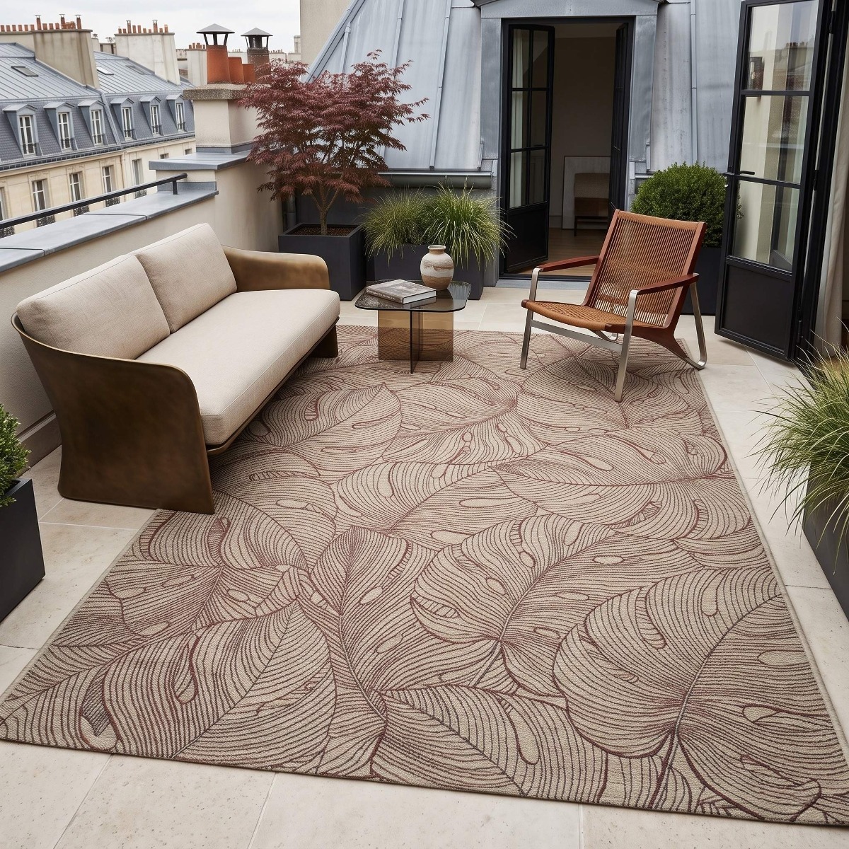 Tapis extérieur intérieur  bordeaux motif feuillage ORSA beige et bordeaux, THE DECO FACTORY