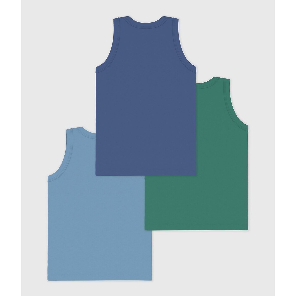 Set di 3 canottiere da bambino in cotone tinta unita blu + verde, PETIT BATEAU