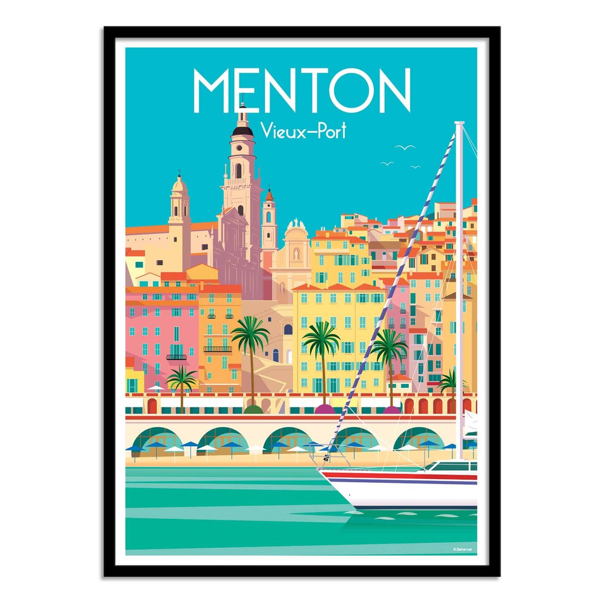 Affiche d'art - Menton Vieux-Port - Raphael Delerue turquoise, WALL EDITIONS