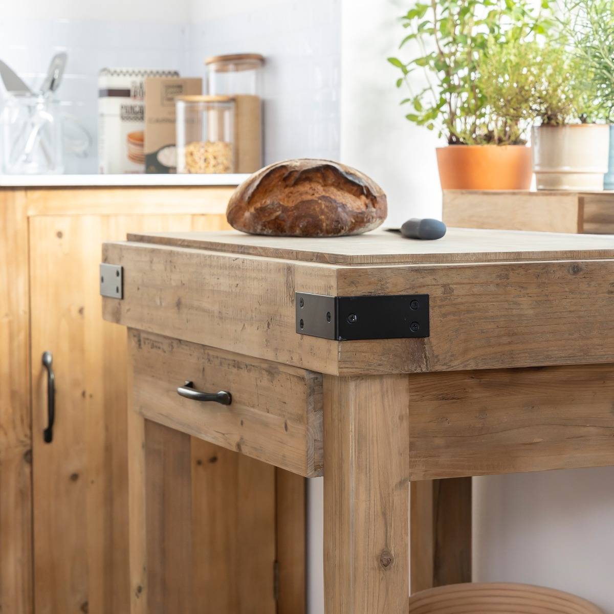 Meuble bas de cuisine en bois recyclé GARANCE bois clair, MADE IN MEUBLES