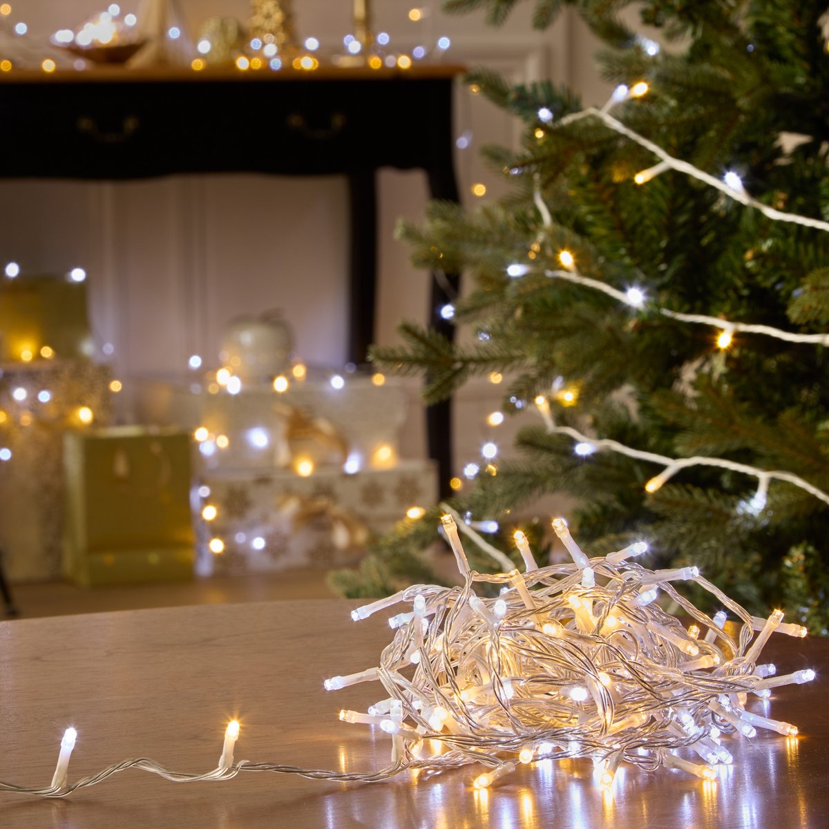 Guirlande lumineuse d'extérieur 7,5 m 100 LED ambré fil transparent 13 fonctions avec minuteur sur secteur blanc froid chaud, ATMOSPHERA