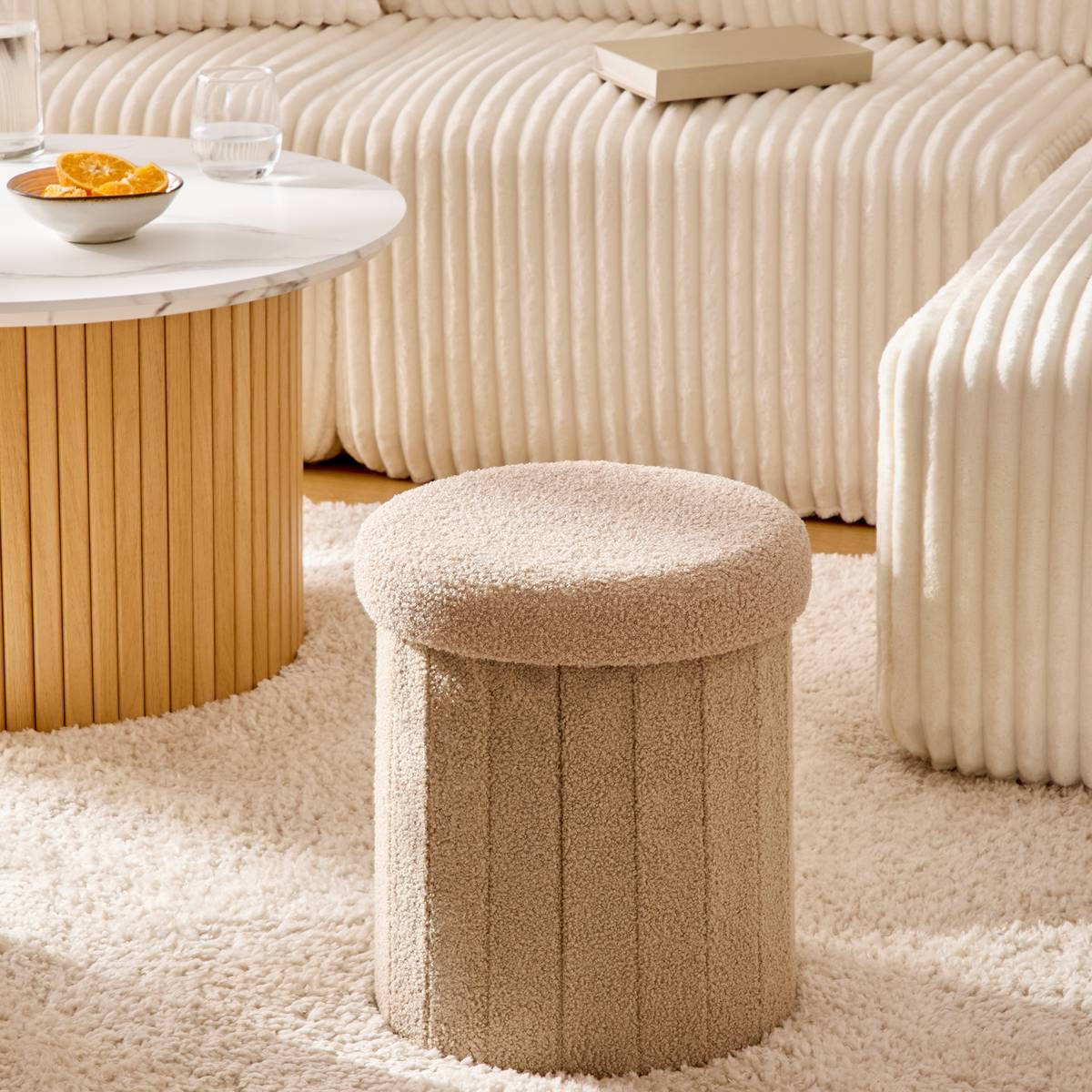 Pouf pliant coffre de rangement en bouclette JAIKO beige, ATMOSPHERA