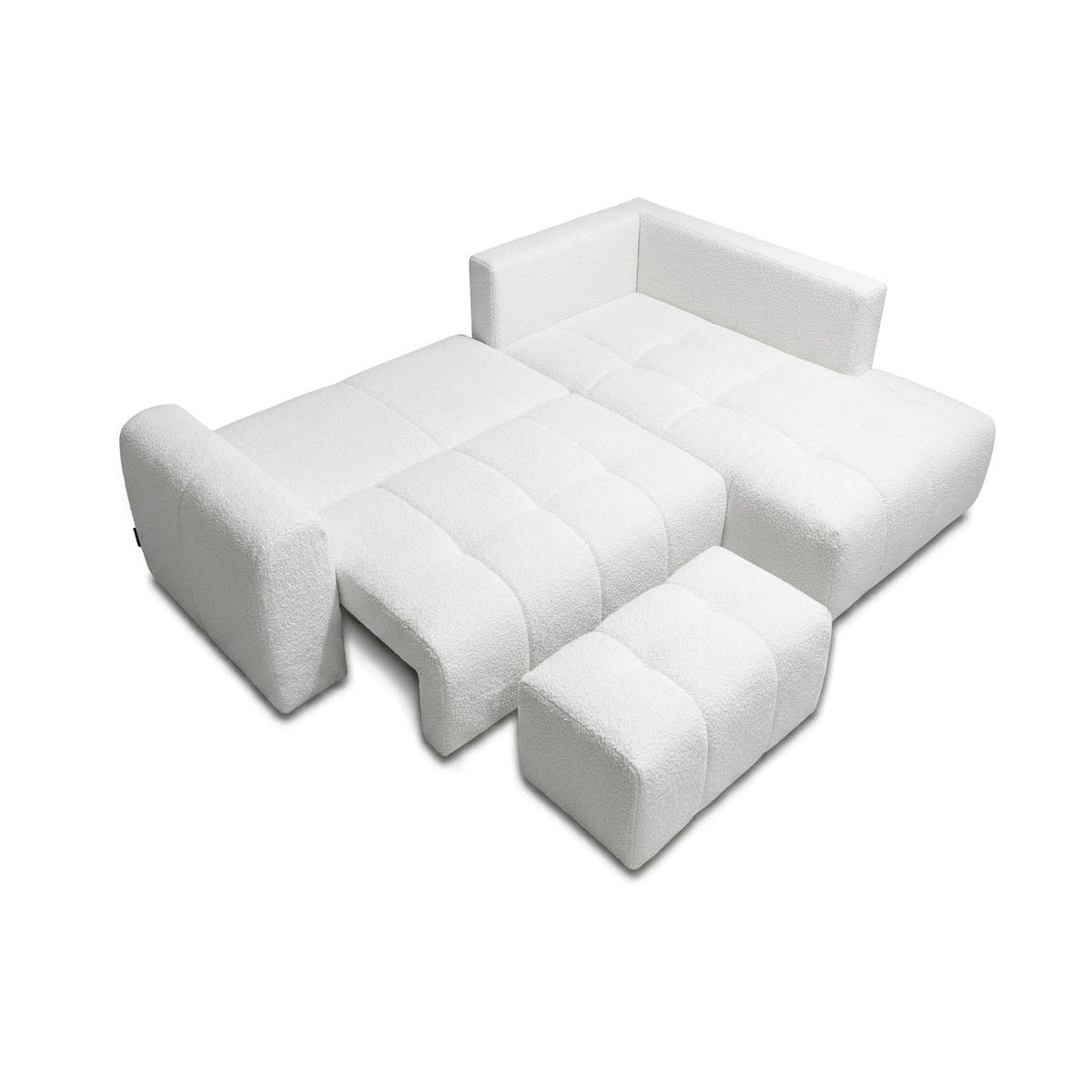 Canapé d'angle convertible 4 places en tissu bouclette avec pouf, ROXELANE blanc, BOBOCHIC