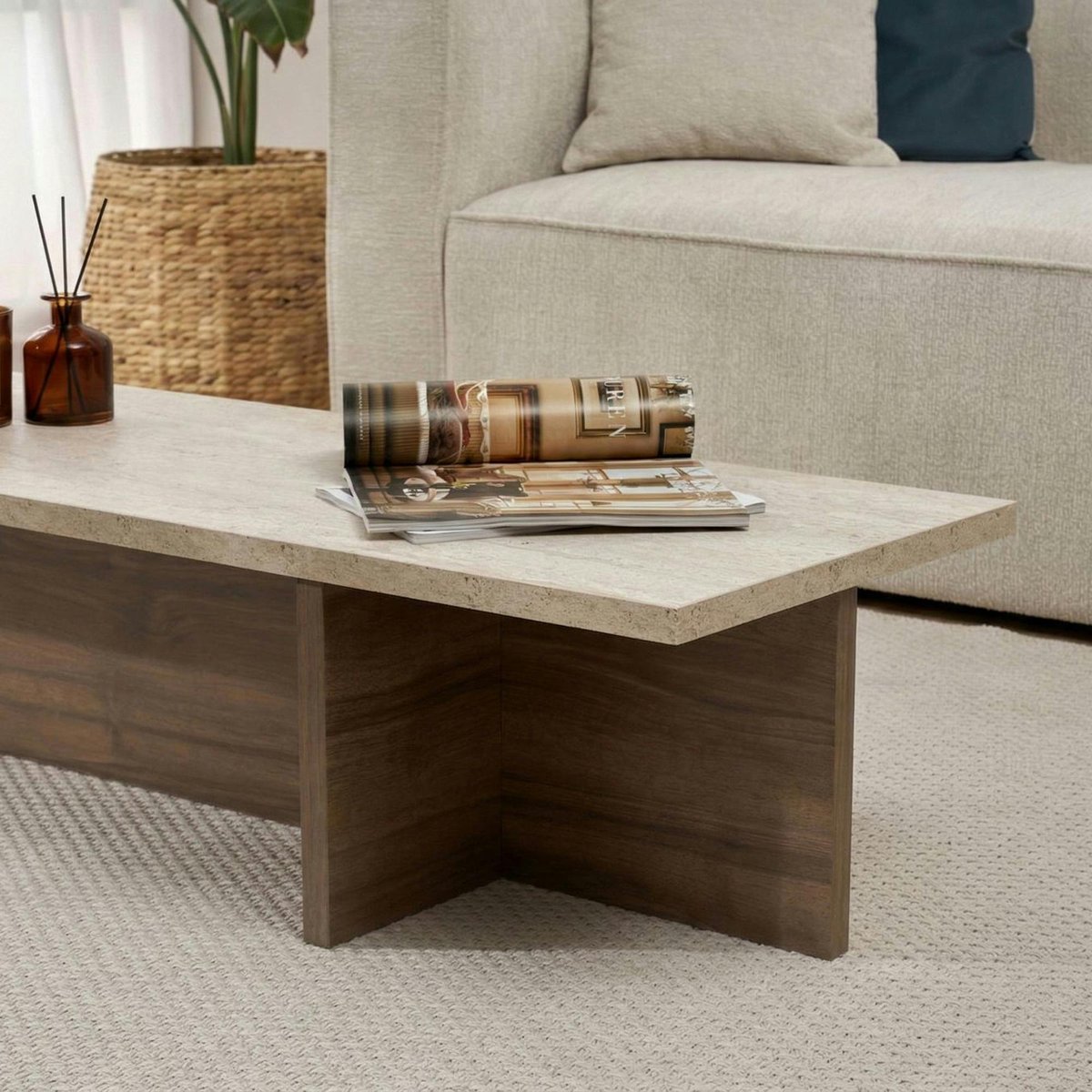Table basse étroite décor travertin et noyer MARFA beige, PIER IMPORT