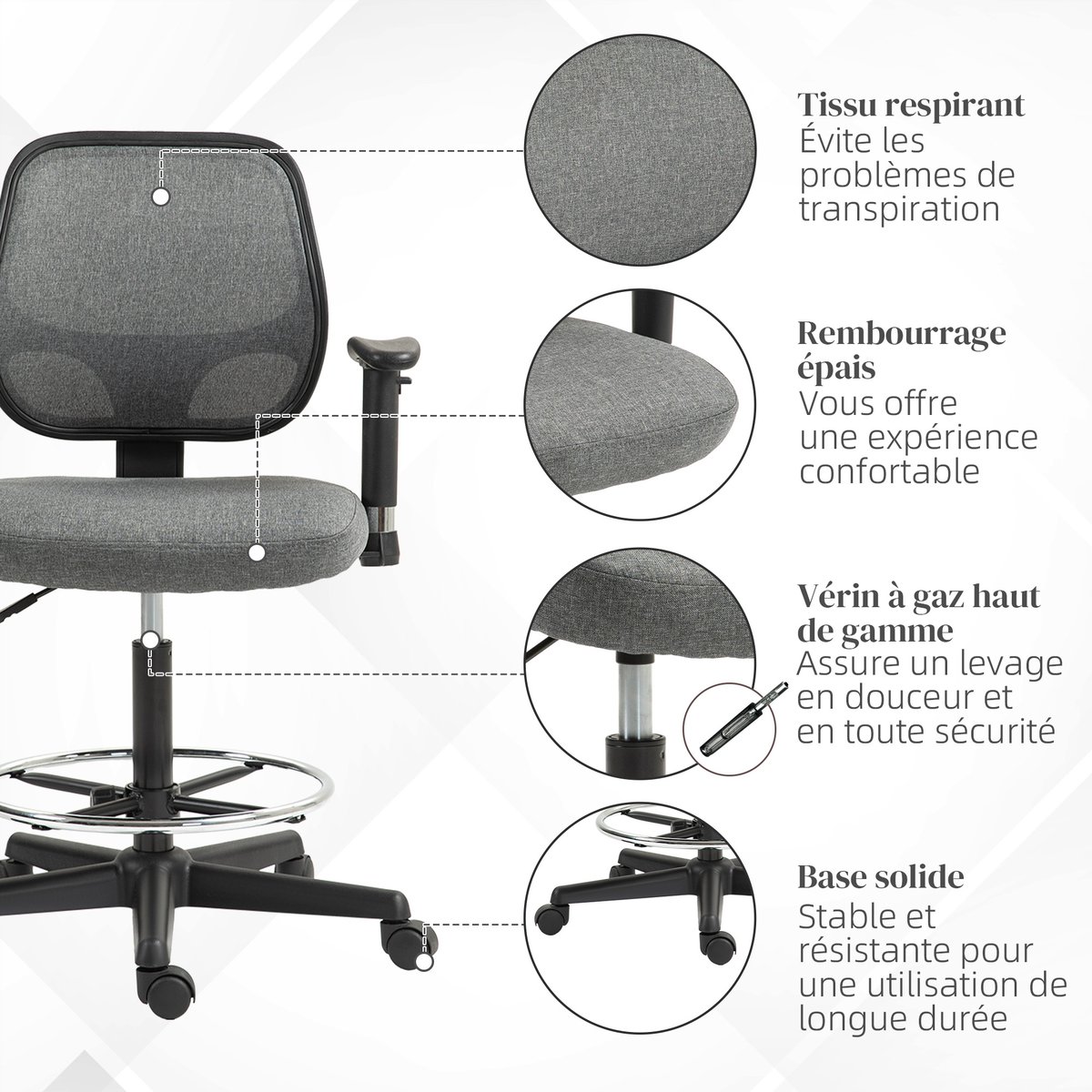 Chaise de bureau pour poste de travail debout gris, HOMCOM