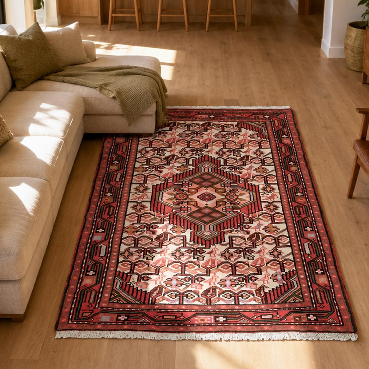 Tapis d'orient oriental, noué main en laine, HAMADAN 10 rouge, crème, UN AMOUR DE TAPIS