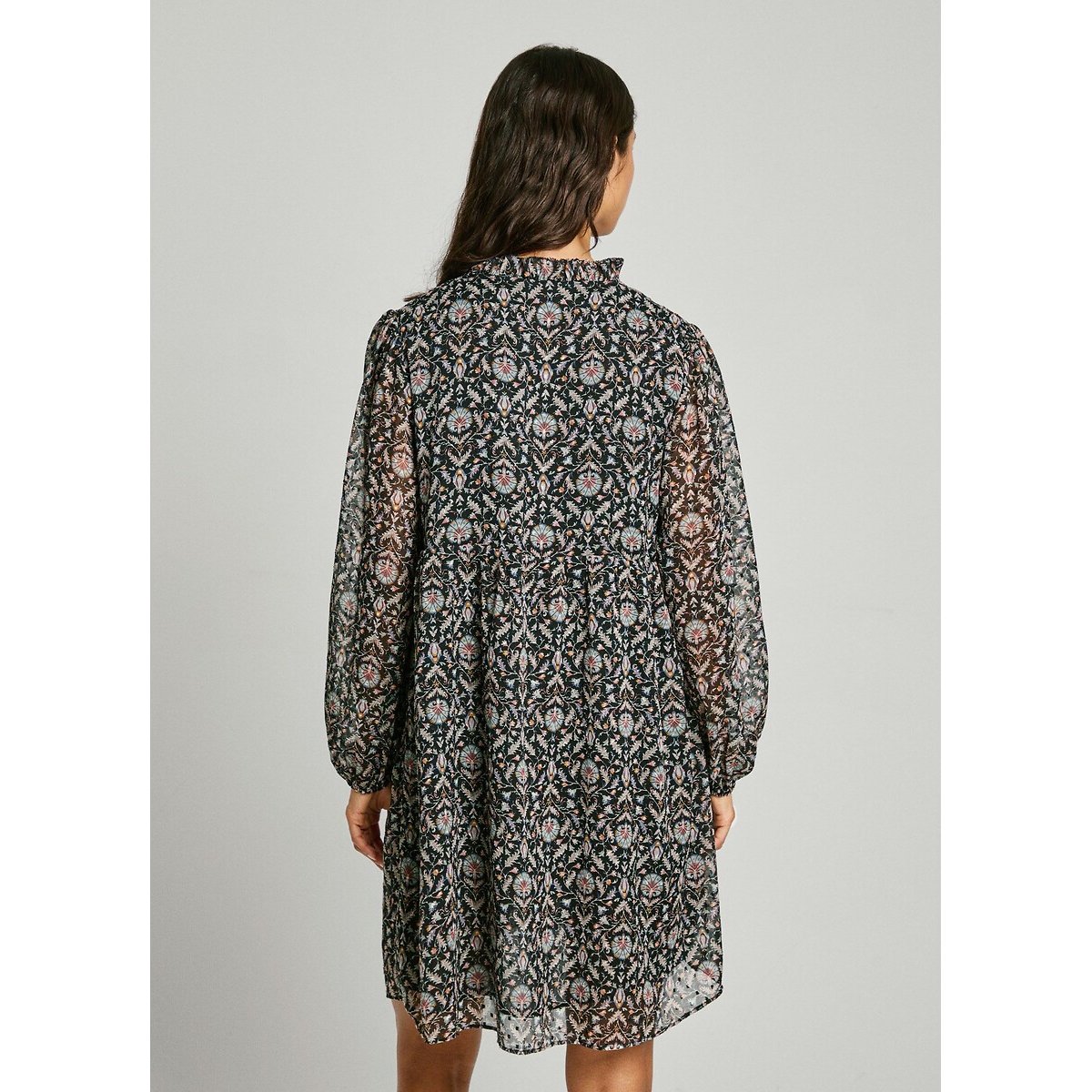 Robe fluide, manches longues en voile, col tunisie noir, PEPE JEANS