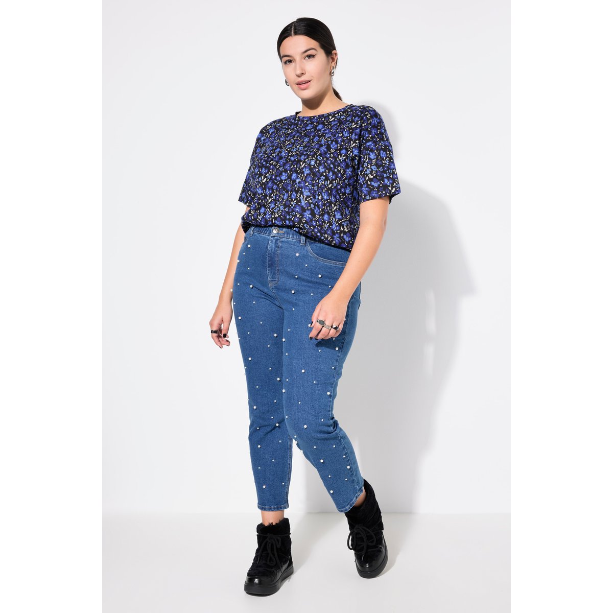 Jean mom 5 poches à perles fantaisie classique denim bleu, STUDIO UNTOLD