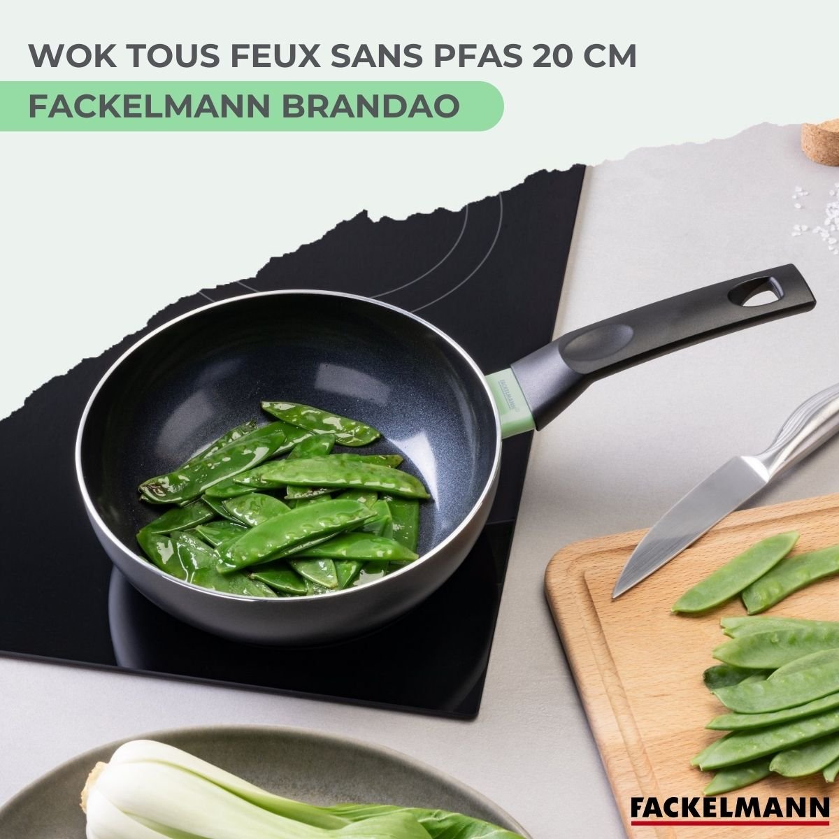 Wok 20 cm aluminium revêtement céramique antiadhésif BRANDAO vert,noir, FACKELMANN