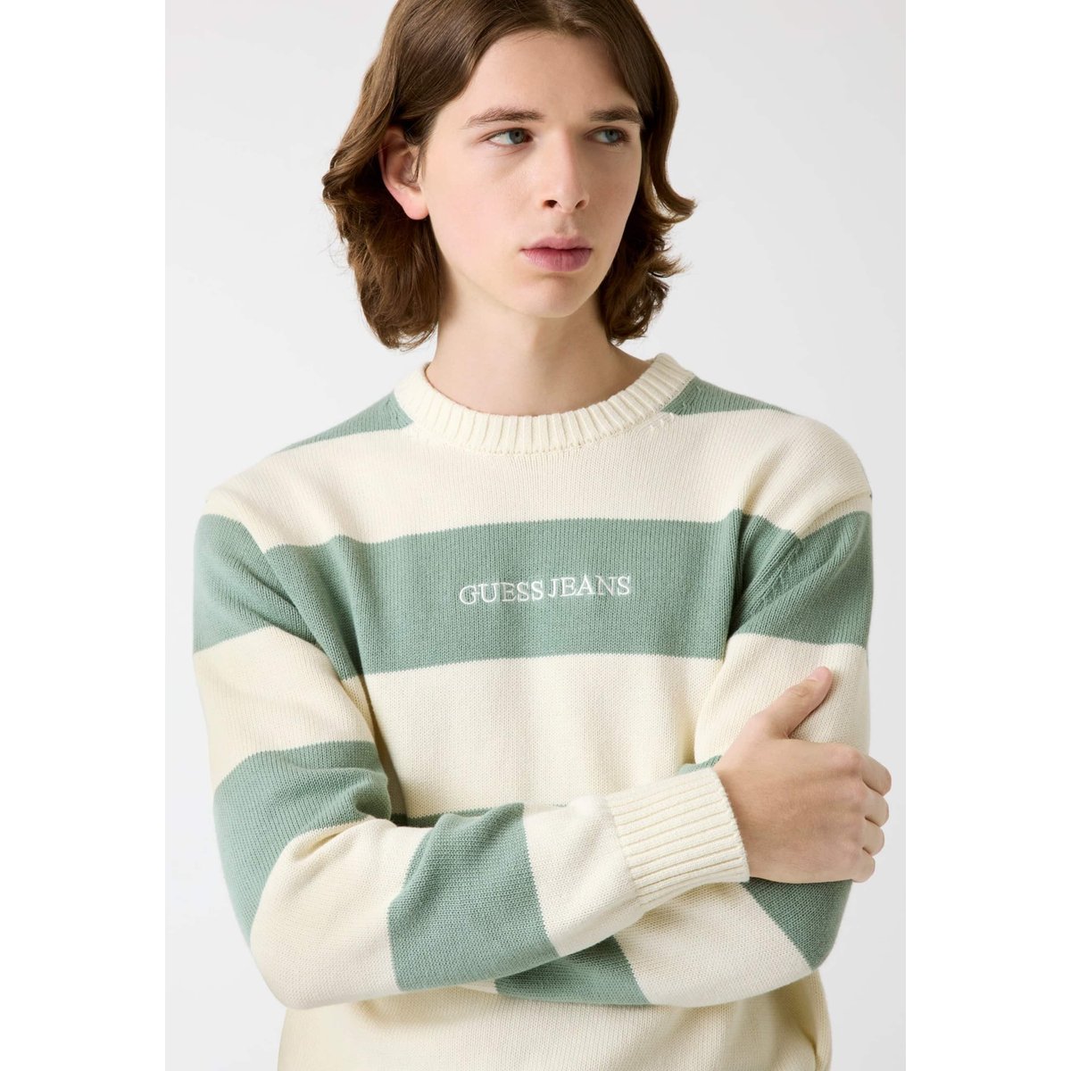 Pull Logo Brodé Rayé vert multi, GUESS
