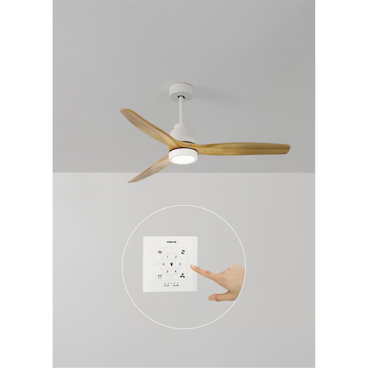 Ventilateur de plafond 40W  avec lumière avec contrôleur mural WIND STYLANCE NATURAL WOOD blanc/bois naturel, CREATE