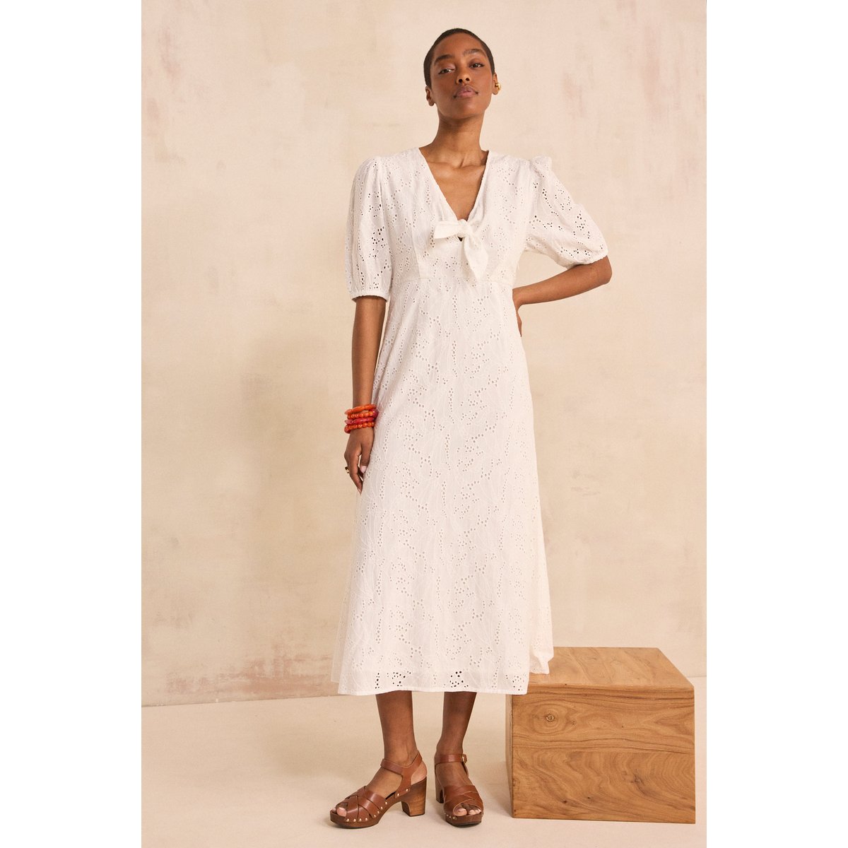 Robe droite brodée en coton LAURENE blanc, Maison 123