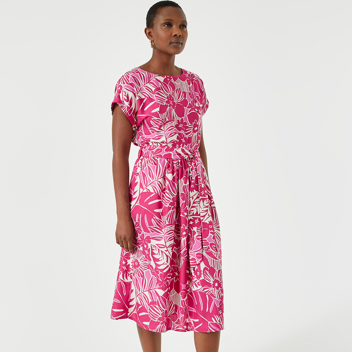 Full Mid-Length Dress in Floral Print pink print, ANNE WEYBURN