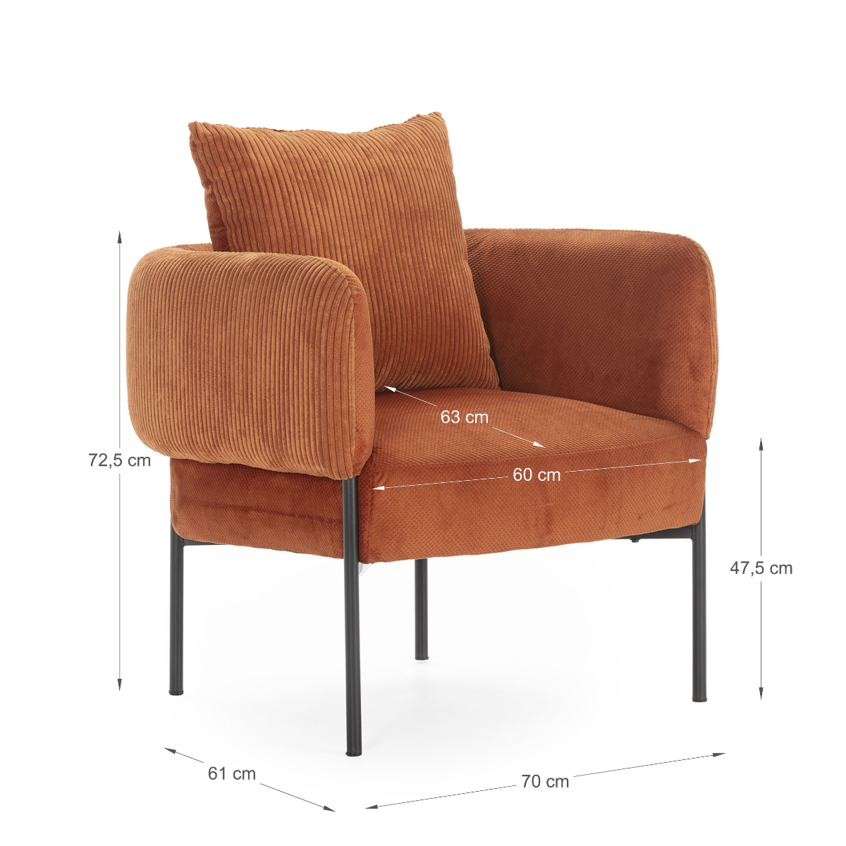Fauteuil en tissu avec pieds en métal noir L73 cm - ARUNI orange, CALICOSY
