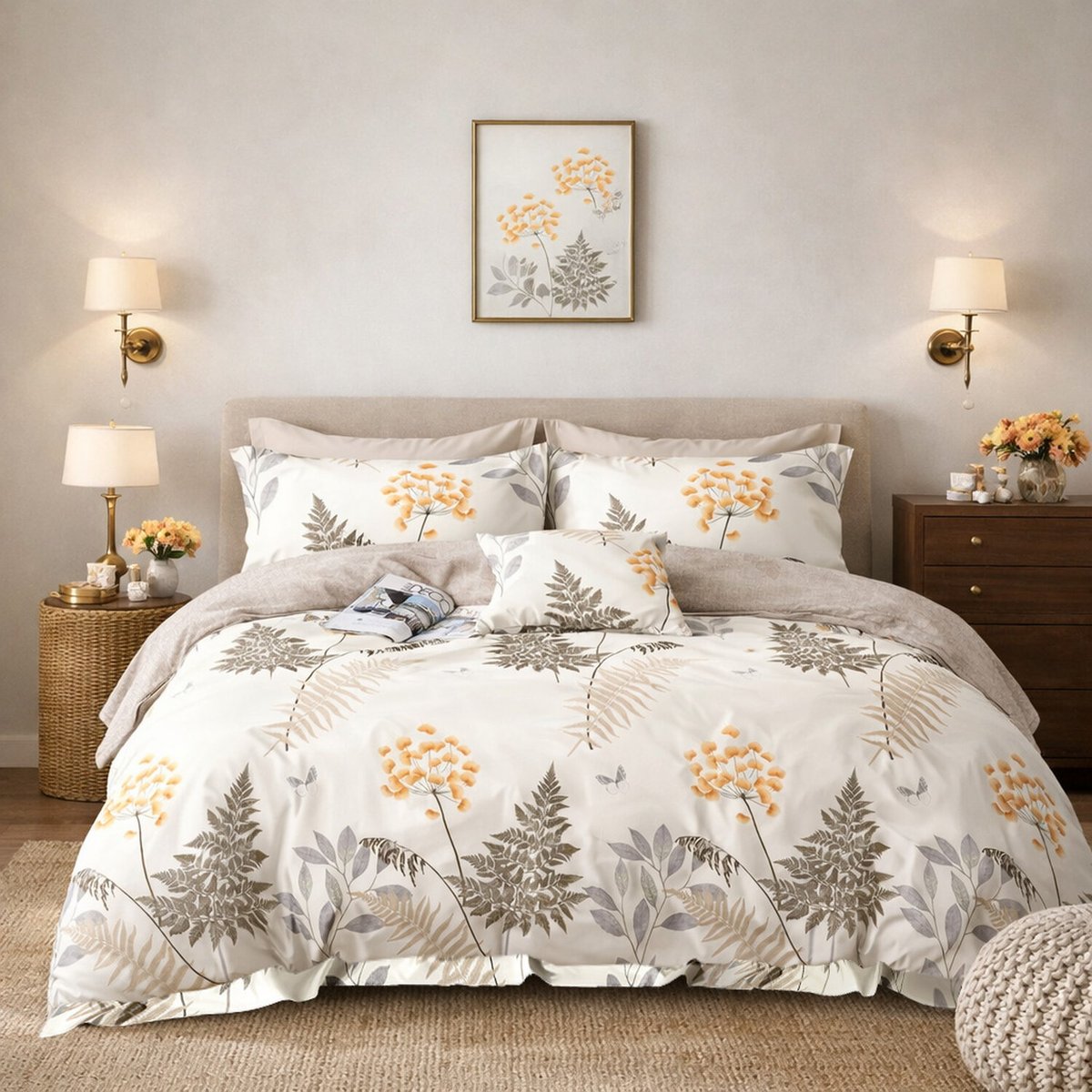 Parure de lit en percale de coton imprimé botanique beige orange, Tila multicolore, C DESIGN HOME TEXTILE