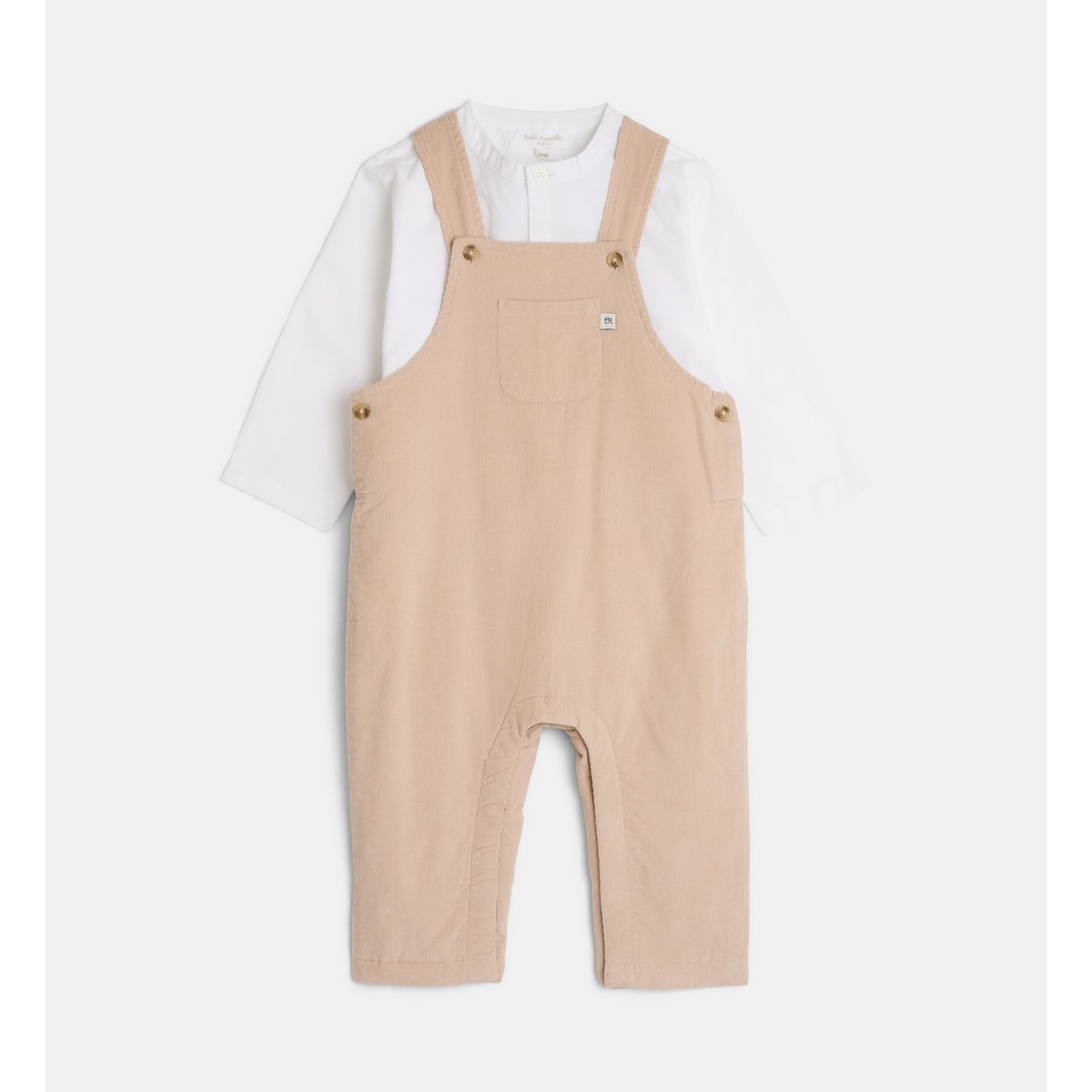 Ensemble salopette chemise targo velours coton bio écru et beige, CADET ROUSSELLE