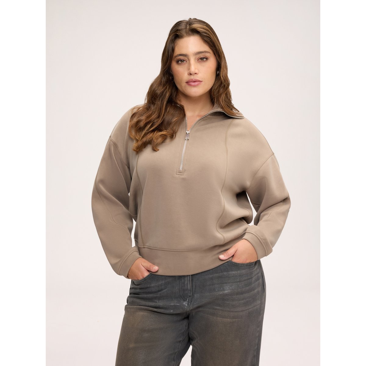 Sweat fermé avec col montant et fermeture zippée marron, FIORELLA RUBINO