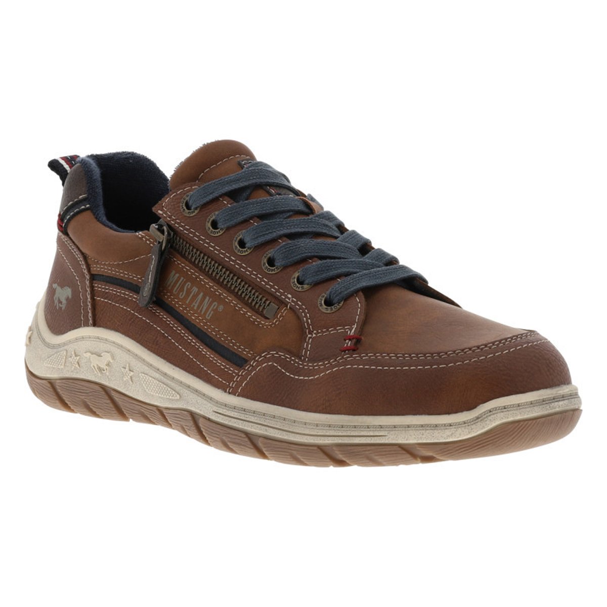 Sneakers cognac à talon plat avec des lacets et un zip latéral cognac, MUSTANG