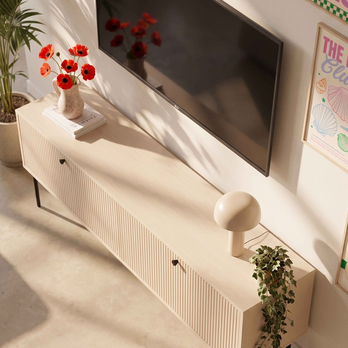 Meuble TV en acier et MDF décor mélaminé FSC 150 cm, ROMEO beige, OVIALA